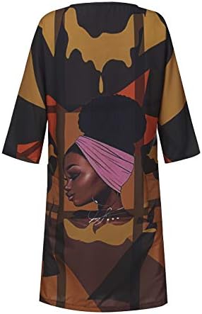 נשים מקרית קיץ שמלת בציר אפריקאי הדפסת חריץ צוואר התיכון שרוול רופף קצר שמלת מסיבת שמלה עם כיס