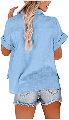 כותנה פשתן חולצות לנשים קיץ מזדמן מוצק דש כפתור למטה חולצות קצר שרוול טרנדי רופף מתגנדר חולצה