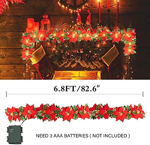 סנוור בהיר 7 רגל חג המולד Poinsettia פרחים קישוטי גרלנד, 10 LED מוארים אורות מיתר קטיפה מלאכותיים עם פירות יער אדומים